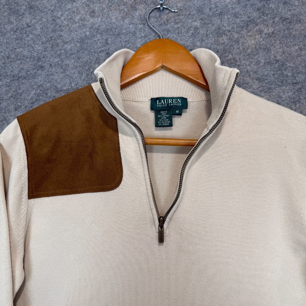 Lauren‎ Ralph Lauren 1/4 Hunting Sweater Womens Medium Suede Shoulder Patch - Picture 2 of 13